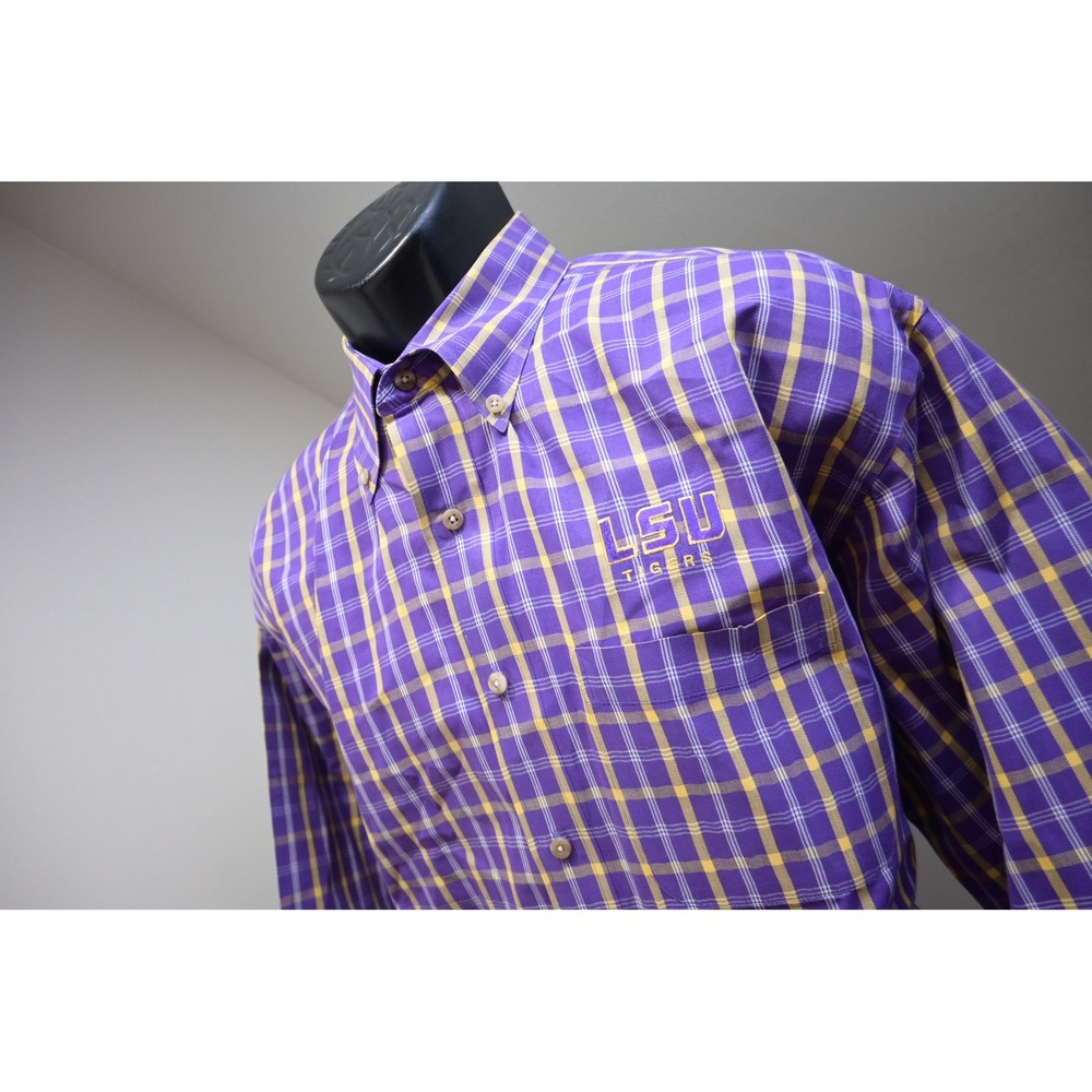 LSU Tigers Button Down Shirt Mens Large Purple Yellow Plaid Long Sleeve EUC